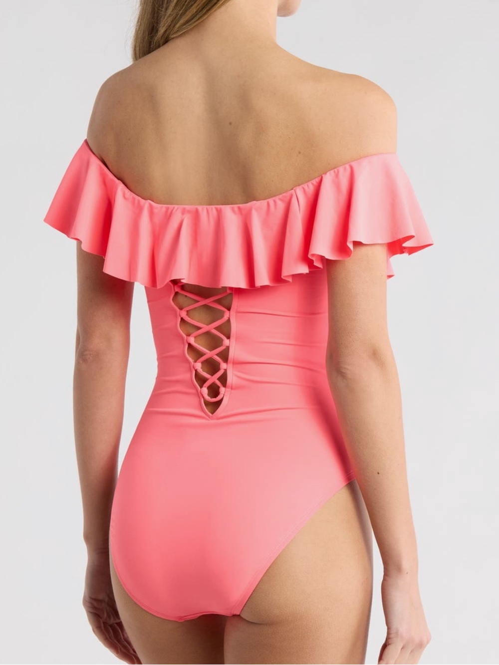 La Blanca Women’s Off-Shoulder Ruffle One-Piece Swimsuit Coral Reef Sz 12 NWT